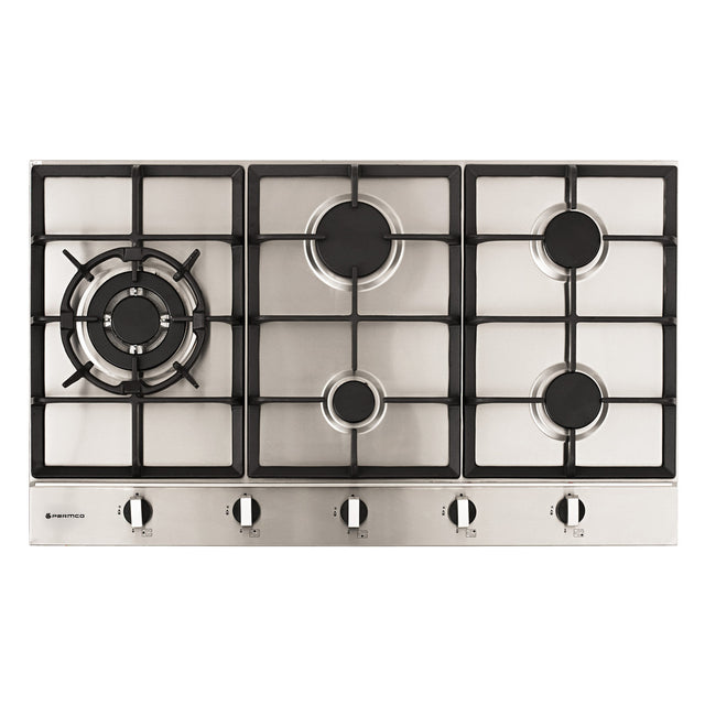 Stainless steel 900mm Parmco gas hob with 4 burners and wok, featuring automatic ignition and flame safety protection.