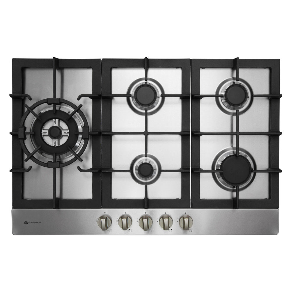 Stainless steel Parmco 770mm gas hob with 4 burners and wok, featuring durable trivets and automatic ignition for efficient cooking.