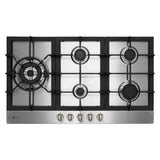 Stainless steel 900mm gas hob with 4 burners and a 5.1KW wok burner, featuring easy controls and flame failure protection.