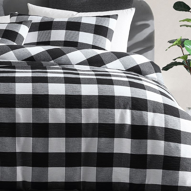 Super King duvet cover set in Hogan Slate featuring textured squares; includes soft cotton blend reverse and two pillowcases.