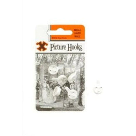 Small bayonet picture hooks in blister pack for easy hanging on hard walls; ideal for art and frames.