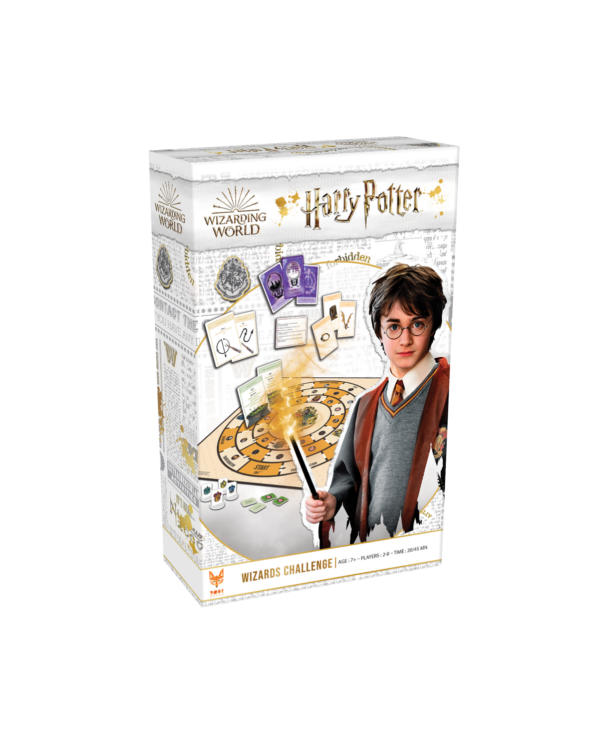 Board game featuring Harry Potter-themed Wizards Challenge for 2-8 players, ideal for ages 7+, with 20-minute playtime.