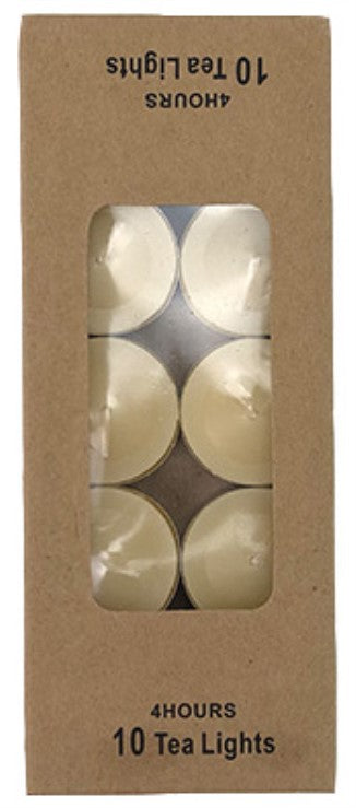 Tealight candles in a 10-pack with citronella scent, burning for 4 hours, ideal for outdoor ambiance and bug repellence.