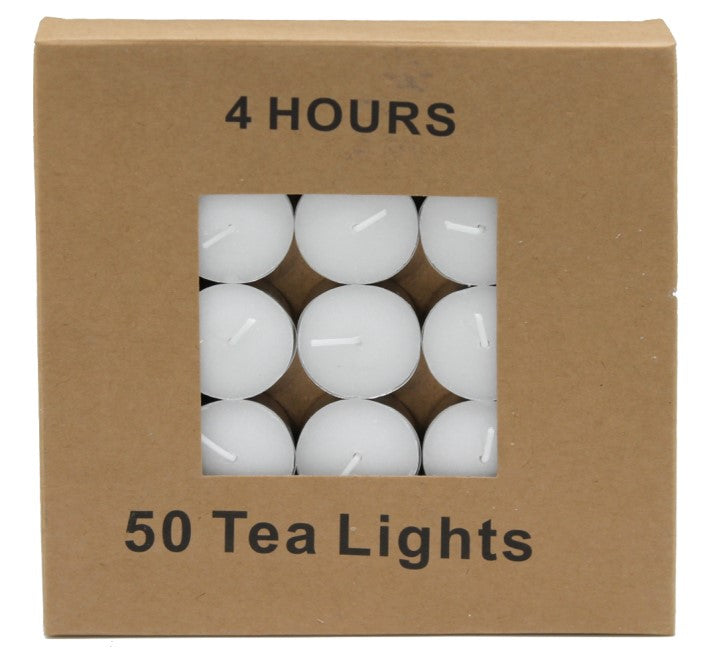 Pack of 50 white tea light candles with a 4-hour burn time for creating a serene atmosphere at any event.