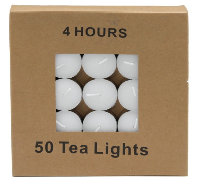 Pack of 50 white tea light candles with a 4-hour burn time for creating a serene atmosphere at any event.