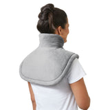 Neck and shoulders heating pad with adjustable collar, five heat settings, fast heat-up, and machine washable fabric.