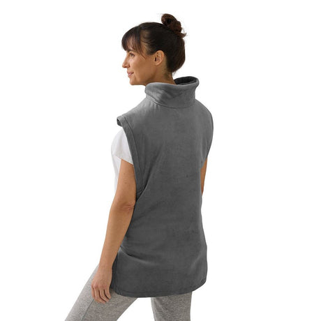 Grey Sunbeam Shoulders & Full Back Heating Pad with adjustable strap, 4 heat settings, and ultra-soft machine washable fabric.