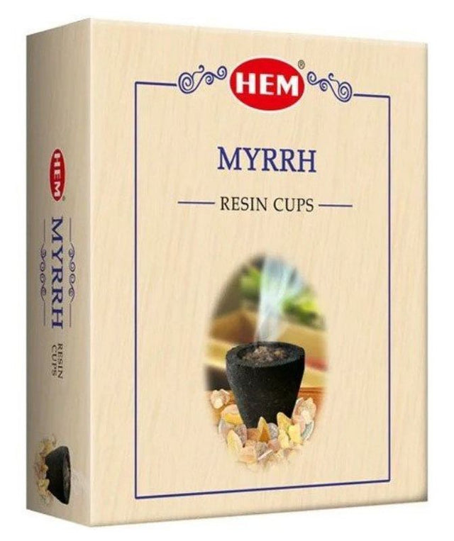 Set of 10 HEM Myrrh Dhoop Resin Cups for aromatic relaxation and spiritual practices, promoting tranquility and air purification.