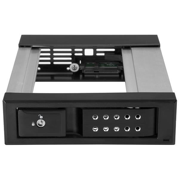 Aluminum hot swap bay for 3.5" SATA/SAS drives, trayless design for easy drive replacement in 5.25" bays.