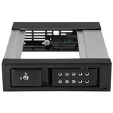 Aluminum hot swap bay for 3.5" SATA/SAS drives, trayless design for easy drive replacement in 5.25" bays.