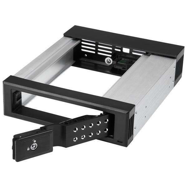 Aluminum 5.25 to 3.5 hard drive hot swap bay for SATA/SAS drives, featuring trayless design and lockable access.