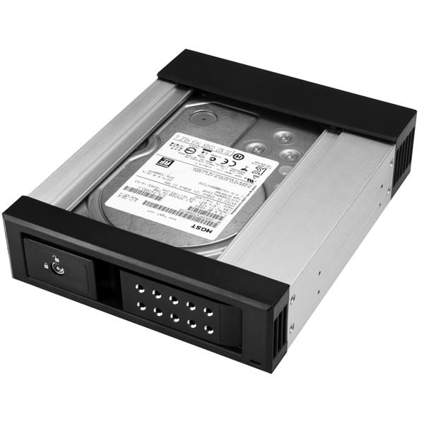 Trayless aluminum hot swap bay for 3.5" SATA/SAS drives, enabling quick drive swaps in a 5.25" front bay.