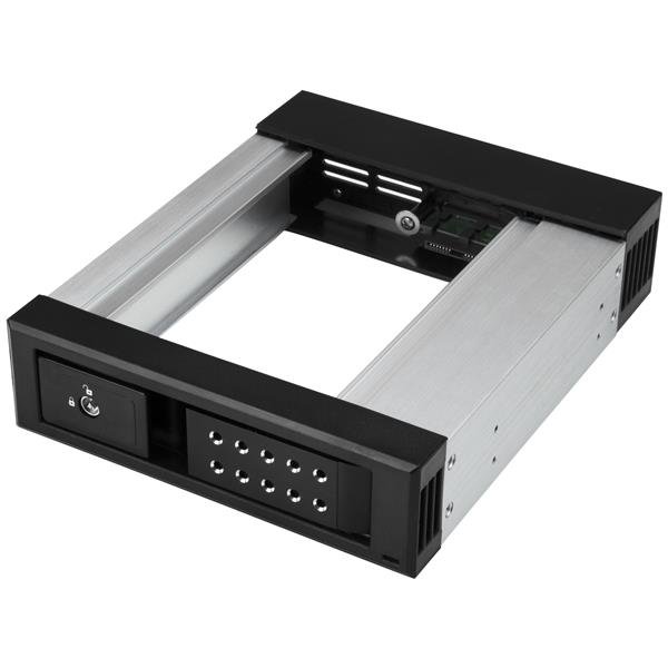 5.25 to 3.5 hard drive hot swap bay for easy drive swaps, supports SATA/SAS, aluminum, trayless, and lockable for data security.