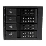 4 Bay Trayless Hot Swap Mobile Rack Backplane for 3.5in SAS/SATA HDDs, featuring ejection levers, cooling fan, and aluminum enclosure.