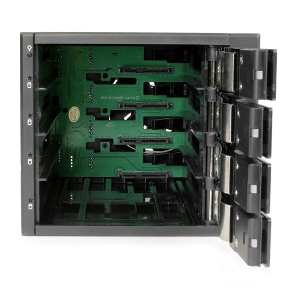 4 Bay trayless mobile rack for 3.5in SAS/SATA HDDs with hot-swap capability, built-in cooling fan, and key-lock design.