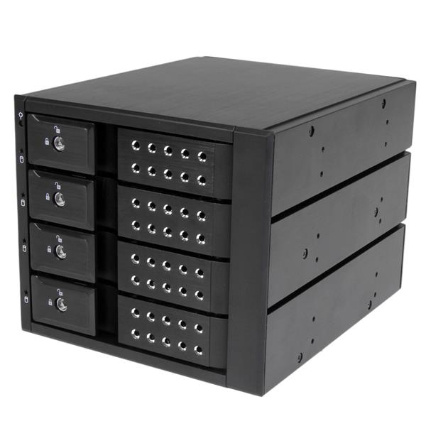 4 Bay Trayless Hot Swap Mobile Rack Backplane for 3.5in SAS/SATA HDDs with cooling fan and key-lock design for easy drive access.