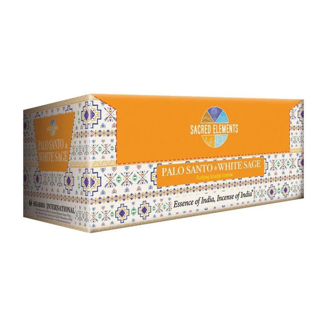 A box of 12 hand-rolled incense sticks featuring a blend of Palo Santo and White Sage for cleansing and tranquility.