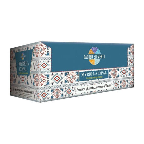 Box of 12 Sacred Elements Myrrh Copal Masala incense sticks, designed for meditation and relaxation with a rich, earthy aroma.