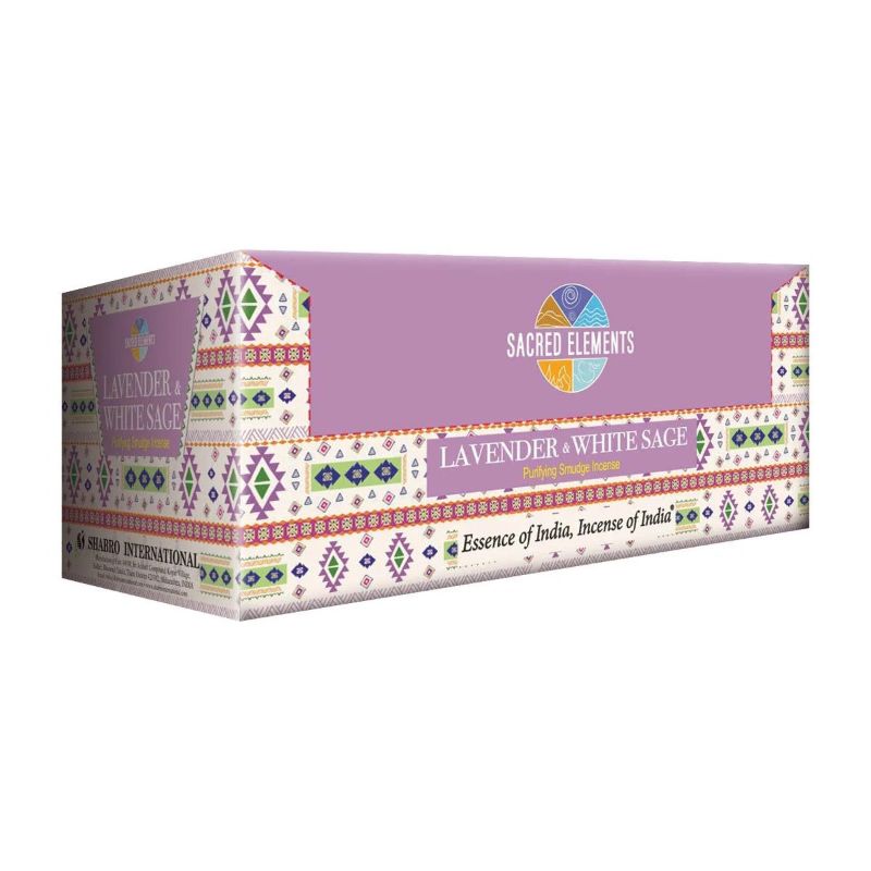 Box of 12 Sacred Elements Lavender White Sage Masala Incense sticks for relaxation and spiritual cleansing.