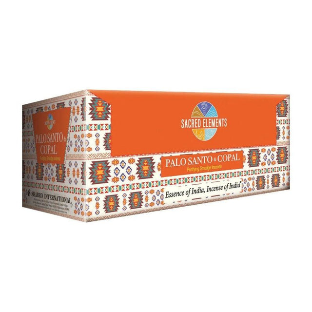 Sacred Elements Palo Santo Copal Masala incense box containing 12 beautifully rolled sticks for spiritual and meditative use.