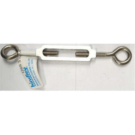 Stainless steel turnbuckle with eye & eye design; 100mm closed, 141mm open, rust-resistant for marine and industrial use.