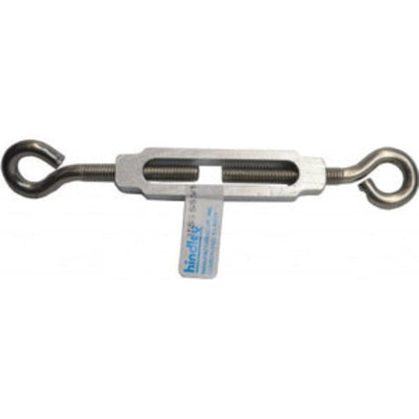 Stainless steel turnbuckle with eye and eye design for secure rigging, 163mm closed length, and 224mm open length.