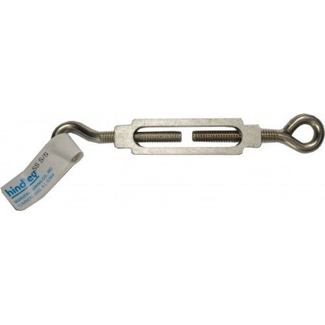 Stainless steel turnbuckle with hook and eye, 194mm closed, 263mm open, ideal for rigging and fastening durability.