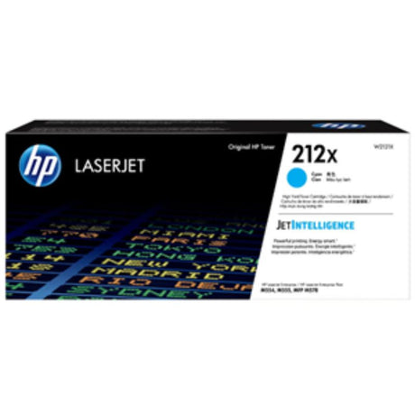 HP 212X High Yield Cyan toner cartridge, perfect for vivid color prints and high-volume tasks, yielding 4,500 pages.