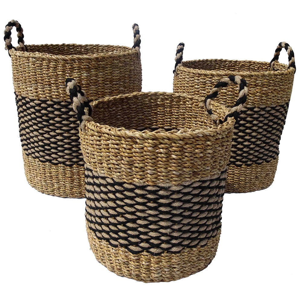 Set of 3 eco-friendly round baskets in seagrass and jute with black stripe, perfect for stylish home organization.