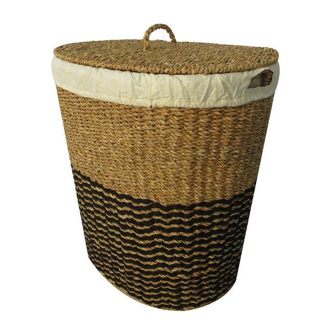 Lined seagrass and iron striped basket (500mm) for stylish storage of laundry, toys, or blankets, featuring a soft cotton lining.