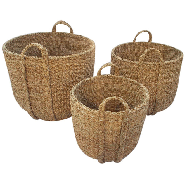 Set of 3 round seagrass baskets in varying sizes, perfect for stylish and eco-friendly home organization.