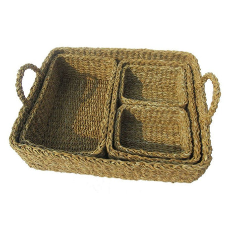 Handcrafted seagrass trays set of 5, featuring one large tray and four smaller trays for stylish organization and decor.