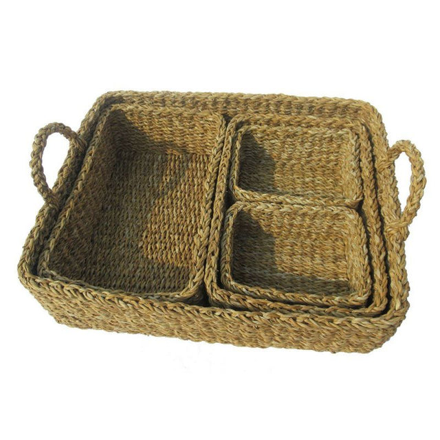 Handcrafted seagrass trays set of 5, featuring one large tray and four smaller trays for stylish organization and decor.
