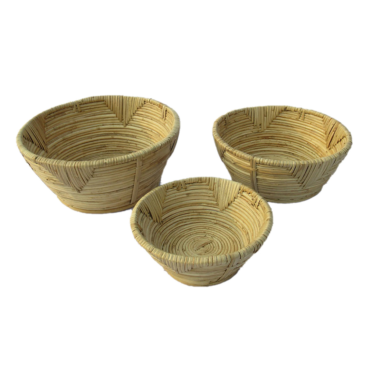 Handcrafted set of 3 rattan bowls, showcasing natural tones and textures, perfect for serving and decorating.