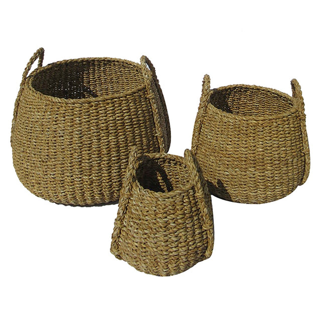 Set of 3 handmade round seagrass baskets in natural tones, perfect for stylish storage in any room. Sizes: 34cm, 25cm, 20cm.