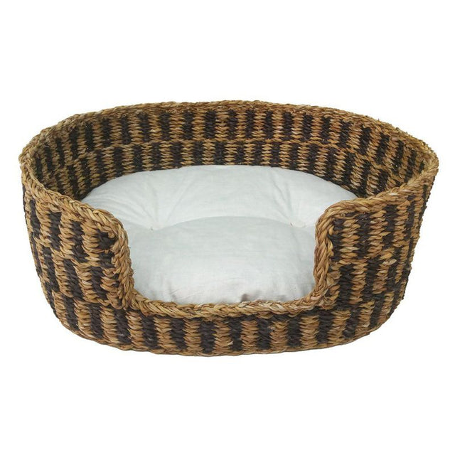 Oval mini seagrass pet basket with plush mattress, perfect for small pets to relax in style and comfort.