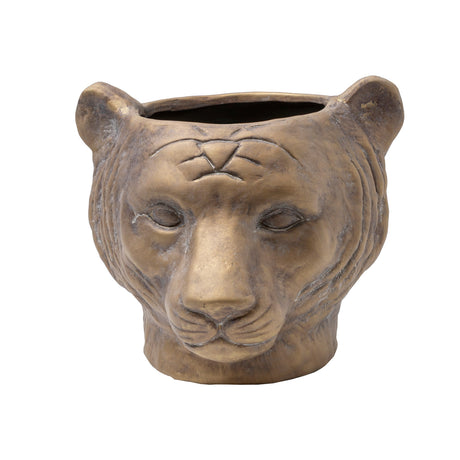 Lion-shaped stoneware planter with a gold wash finish, perfect for small plants and stylish decor.