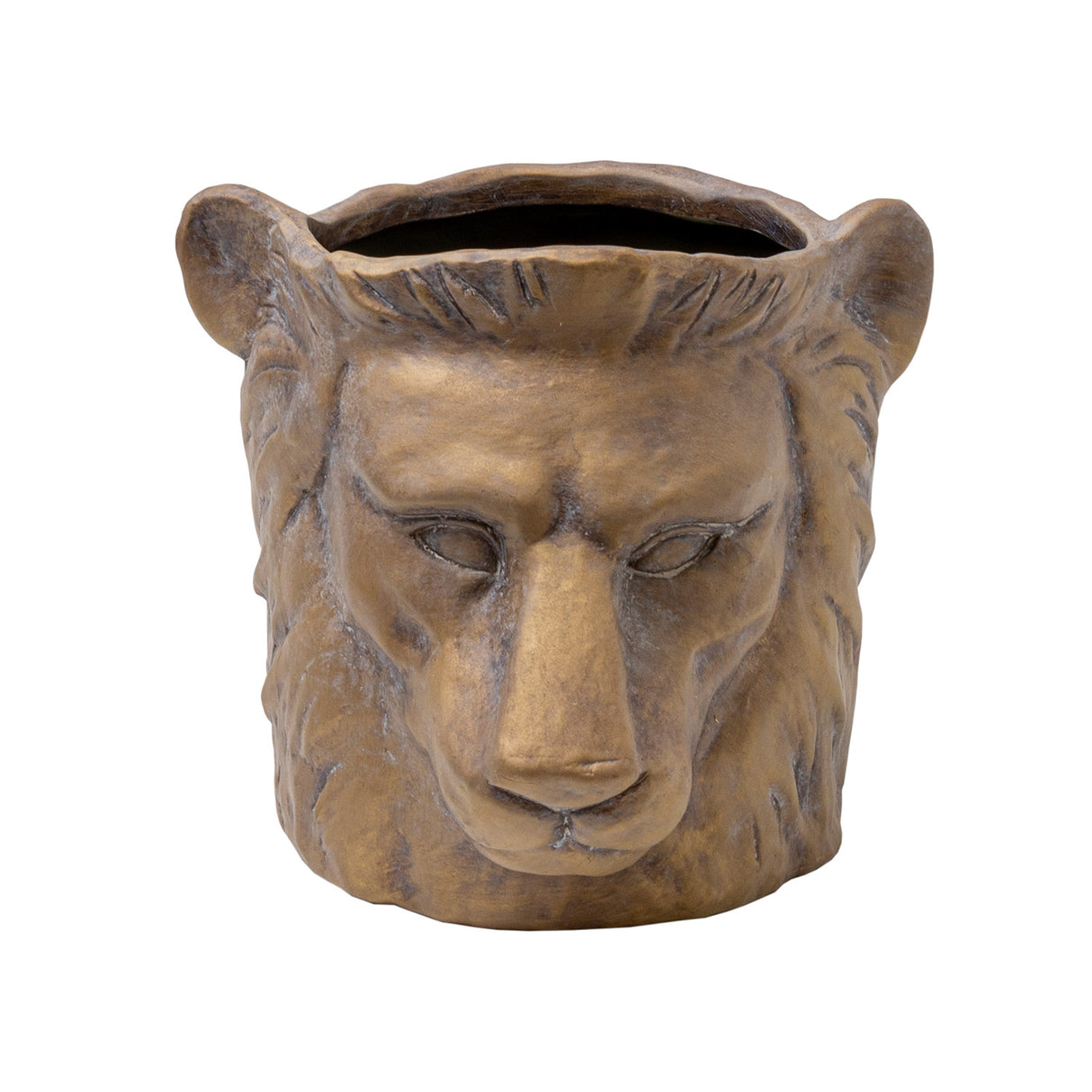 Lion-shaped stoneware planter in gold wash finish, perfect for houseplants, measuring 185 x 210 x 200mm.