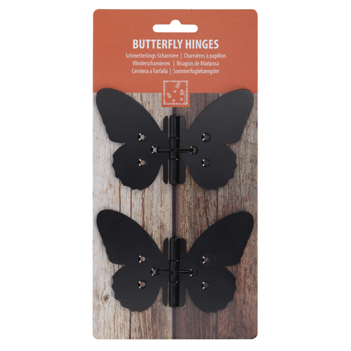 Butterfly-shaped iron hinges (12 x 8cm) in assorted designs, adding elegance and functionality to doors and cabinets.
