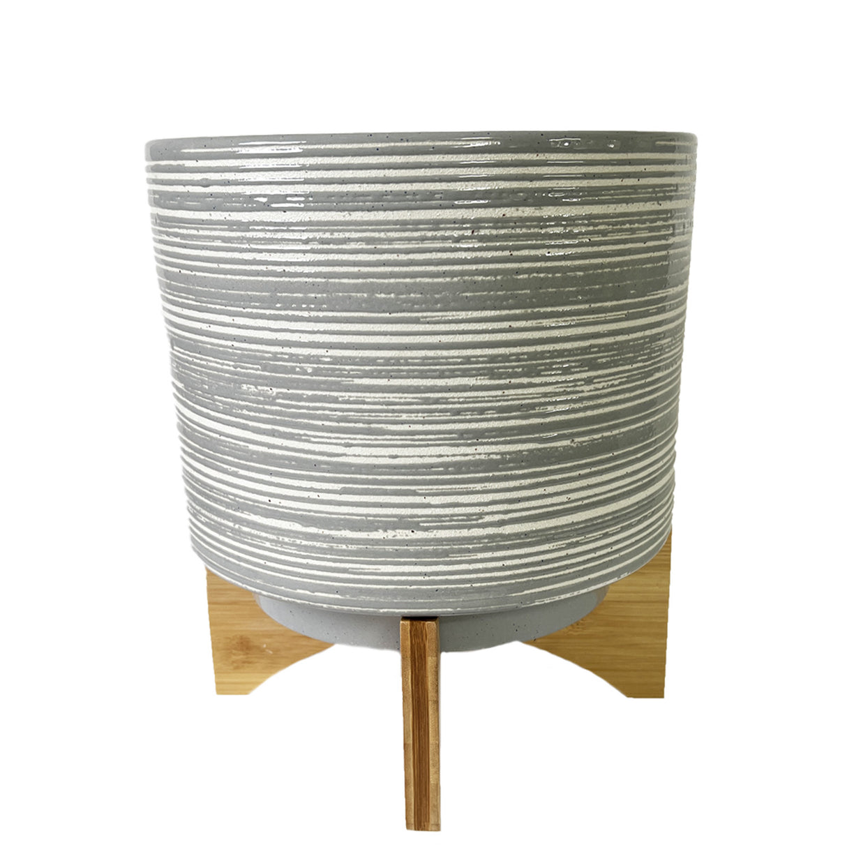 Elegant grey planter with stripes and speckled texture on wooden stand, perfect for indoor or outdoor plant display.