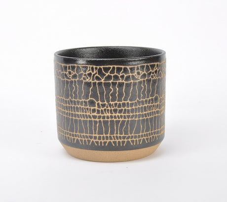 Glossy black crackle planters, medium size 180mm, handcrafted bisque clay set of 2 for stylish indoor or outdoor decor.