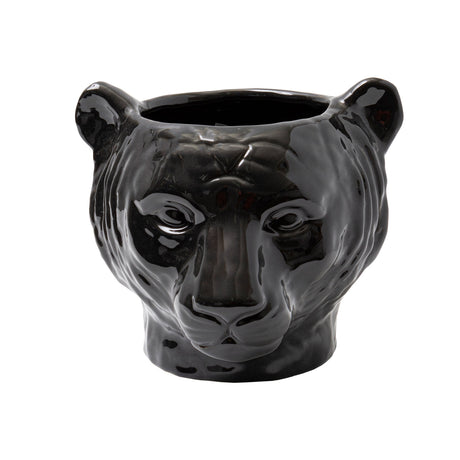 Black lion-shaped stoneware planter, 190 x 213 x 210mm, perfect for indoor plants and unique home decor.