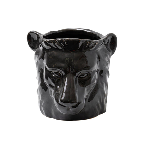 Lion-shaped black stoneware planter, 185x210x200mm, perfect for indoor gardening and stylish home decor.