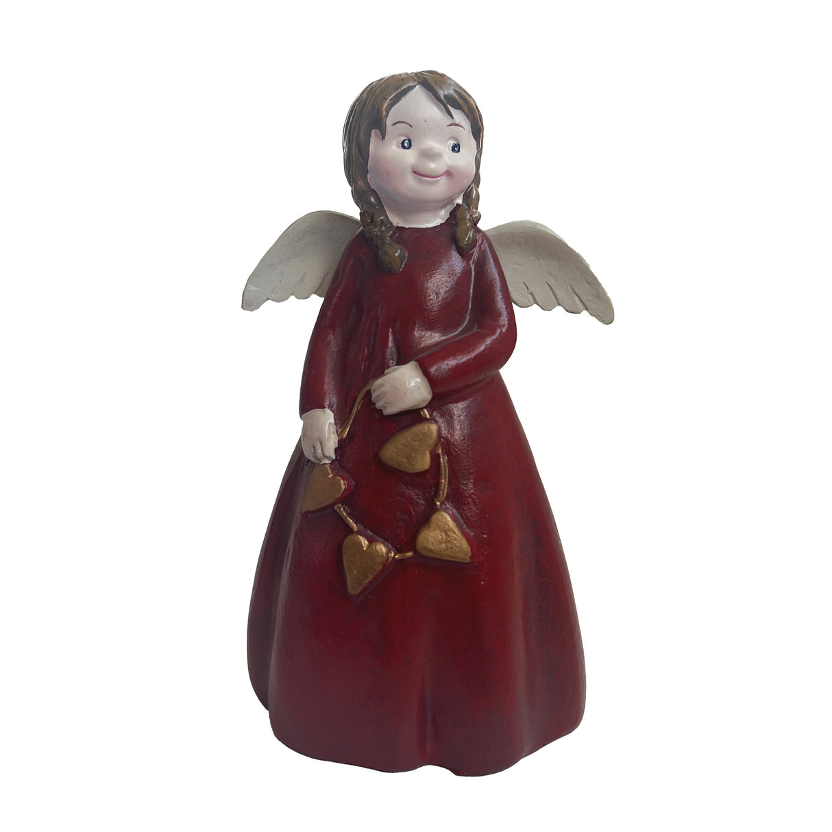 Angel ornament holding a garland of hearts, crafted from resin, 14.5cm tall, perfect for home decor and gifts.