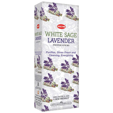 HEM White Sage Lavender Incense Sticks in a box of 6, offering calming fragrance for relaxation and meditation.