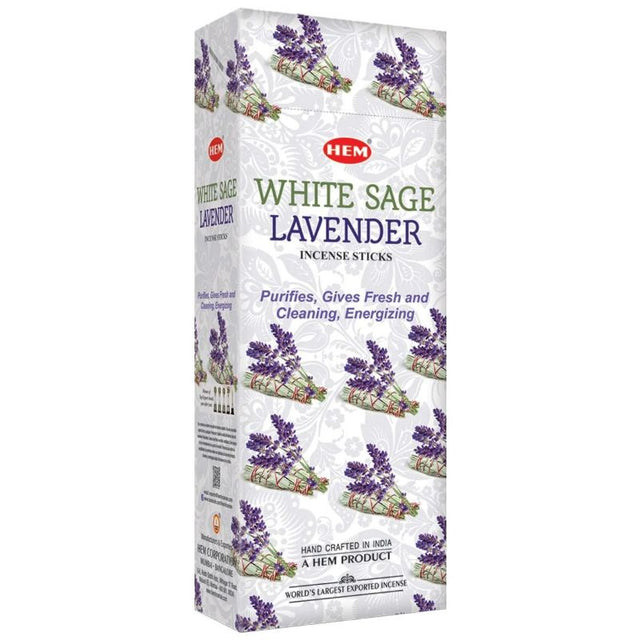 HEM White Sage Lavender Incense Sticks in a box of 6, offering calming fragrance for relaxation and meditation.