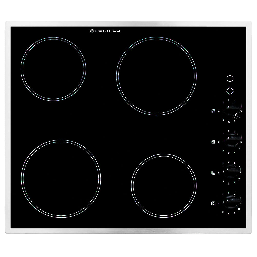 Sleek 600mm Parmco ceramic hob with stainless steel frame, four zones, easy clean surface, and safety features for efficient cooking.