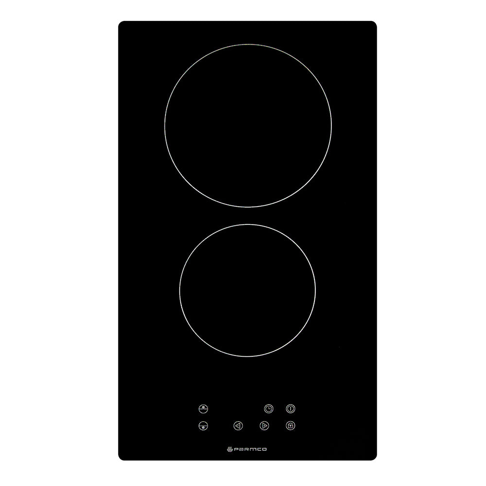 Stylish 300mm ceramic hob with touch controls, featuring 2 heating zones, ideal for compact kitchens and easy cleaning.