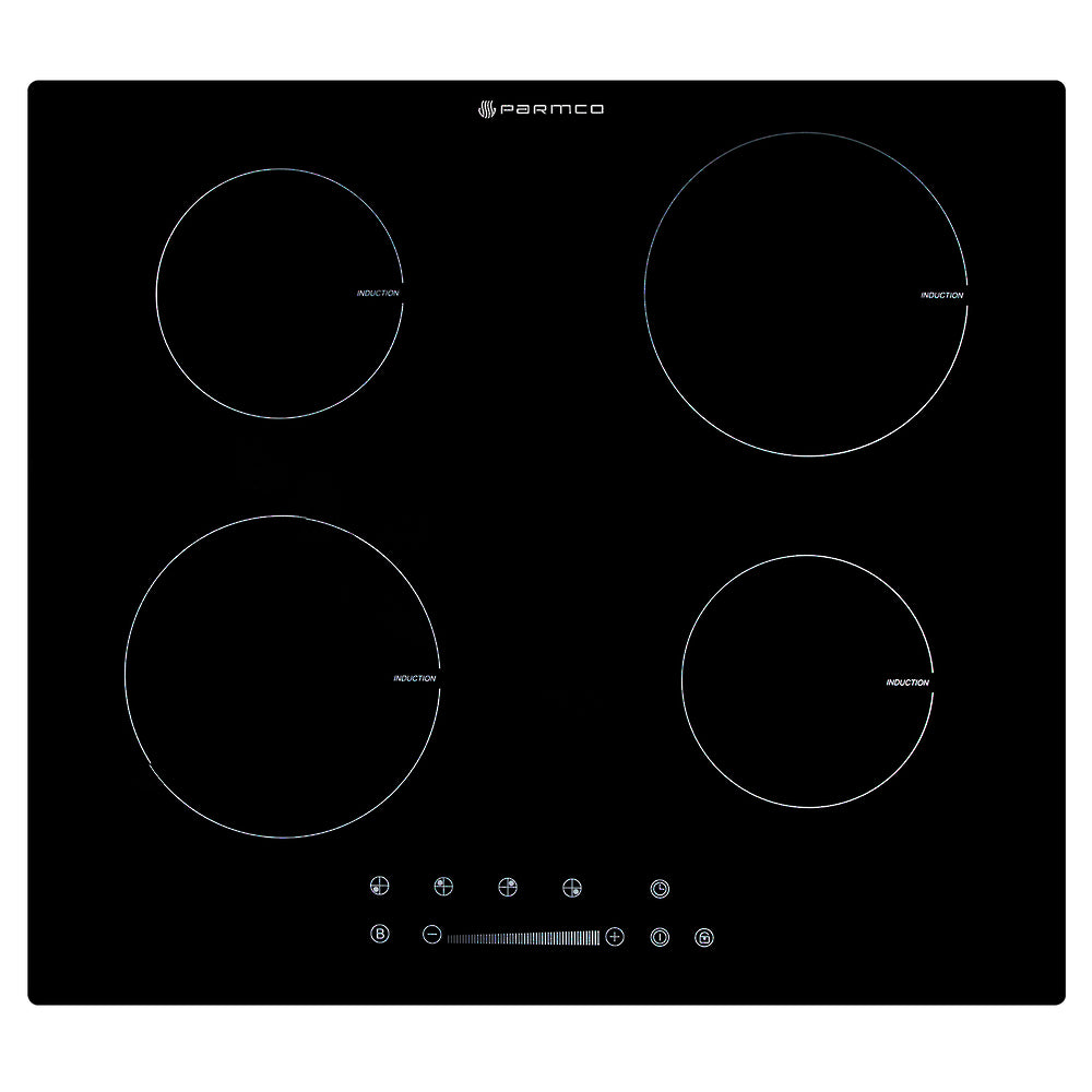 Sleek 600mm frameless Parmco induction hob with touch control, four heating zones, and easy-clean surface for modern kitchens.