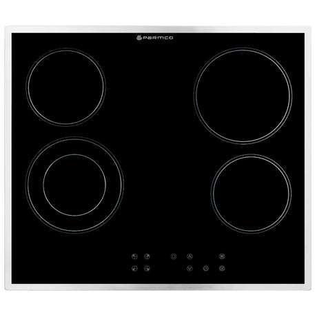 Sleek 600mm ceramic hob with stainless steel trim, touch controls, 9 power settings, and advanced safety features.